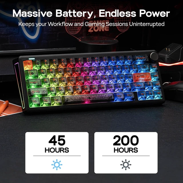 Alt view image 6 of 7 - EPOMAKER TH65 Wireless Mechanical Gaming Keyboard with Knob & 8000mAh Adjustable Kickstand for Comfort Typing, 65%, BT/2.4GHz/USB-C, Hot-Swap, Creamy& Thocky Gasket (Black, Creamy Jade)