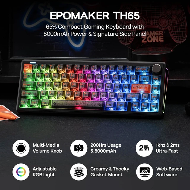 Alt view image 3 of 7 - EPOMAKER TH65 Wireless Mechanical Gaming Keyboard with Knob & 8000mAh Adjustable Kickstand for Comfort Typing, 65%, BT/2.4GHz/USB-C, Hot-Swap, Creamy& Thocky Gasket (Black, Creamy Jade)