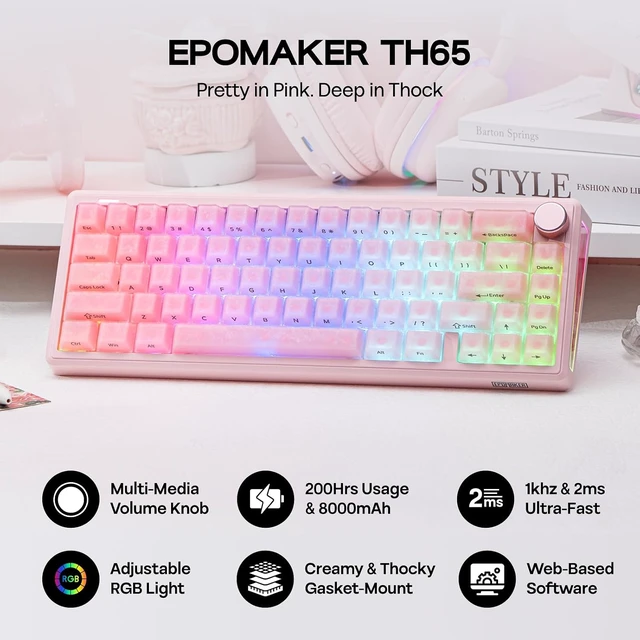 Alt view image 4 of 7 - EPOMAKER TH65 Wireless Mechanical Gaming Keyboard with Knob & 8000mAh Adjustable Kickstand for Comfort Typing, 65%, BT/2.4GHz/USB-C, Hot-Swap, Creamy& Thocky Gasket (Pink, Clear)