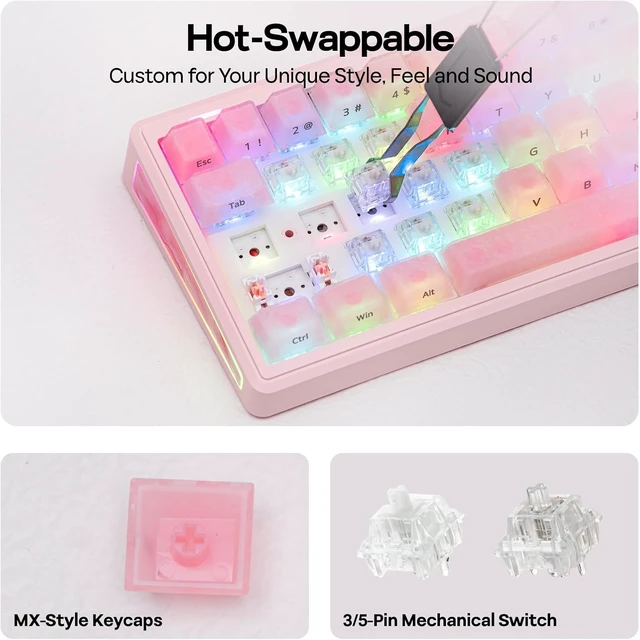 Alt view image 7 of 7 - EPOMAKER TH65 Wireless Mechanical Gaming Keyboard with Knob & 8000mAh Adjustable Kickstand for Comfort Typing, 65%, BT/2.4GHz/USB-C, Hot-Swap, Creamy& Thocky Gasket (Pink, Clear)