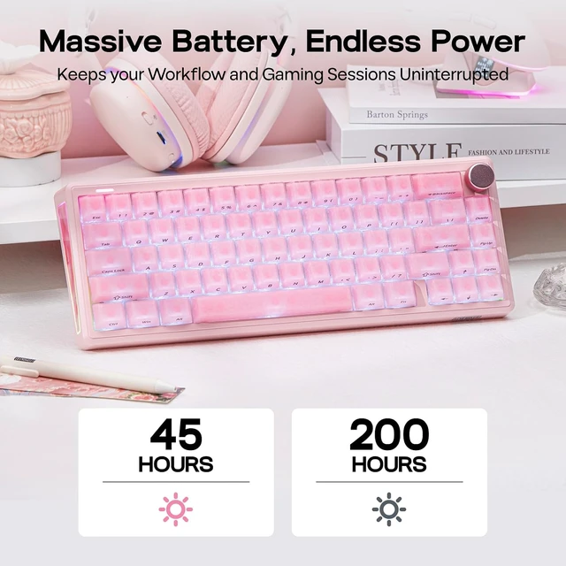 Alt view image 6 of 7 - EPOMAKER TH65 Wireless Mechanical Gaming Keyboard with Knob & 8000mAh Adjustable Kickstand for Comfort Typing, 65%, BT/2.4GHz/USB-C, Hot-Swap, Creamy& Thocky Gasket (Pink, Clear)