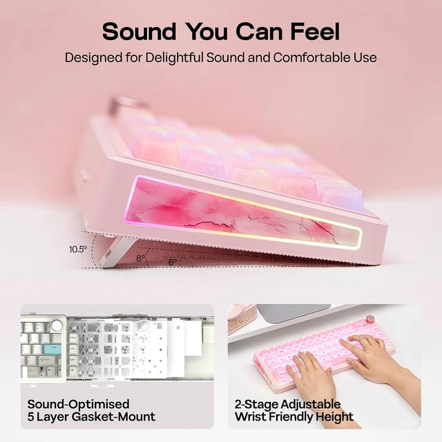Alt view image 3 of 7 - EPOMAKER TH65 Wireless Mechanical Gaming Keyboard with Knob & 8000mAh Adjustable Kickstand for Comfort Typing, 65%, BT/2.4GHz/USB-C, Hot-Swap, Creamy& Thocky Gasket (Pink, Clear)