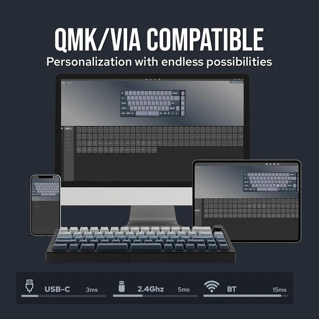 Alt view image 4 of 6 - EPOMAKER Split65 QMK/VIA Programmable Keyboard, Wireless Mechanical Keyboard in 2.4Ghz/BT/Type-C, Ergonomic Gaming Keyboard in Split Layout with RGB Backlit (Wisteria Linear Switch)