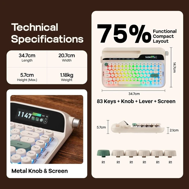Alt view image 7 of 7 - EPOMAKER Glyph Wireless Typewriter Retro Mechanical Keyboard, Screen & Knob & Lever, Wrist Rest, Round PBT Keycap, Hot Swap, RGB, Custom Software, Top-Mount, 75% Creamy Keyboard for PC/MAC