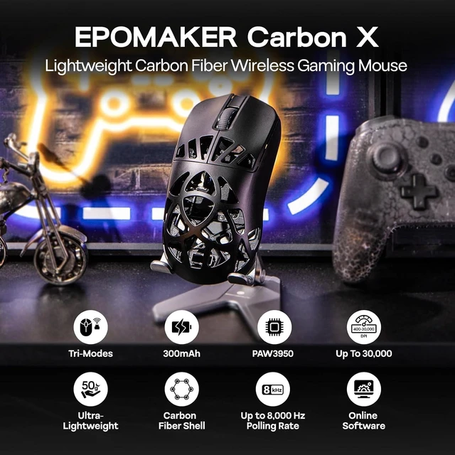 Alt view image 7 of 7 - EPOMAKER Carbon X Wireless Gaming Mouse, 400 to 30,000 DPI Adjustable, PAW3950 Sensor, 50g Lightweight, Carbon Fiber Shell, 2.4G/BT/USB-C Rechargeable Wireless Mouse for PC/Mac/Linux