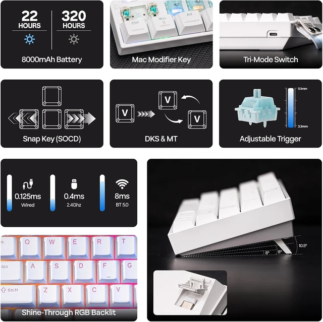 Alt view image 2 of 7 - EPOMAKER HE60 Hall Effect Keyboard with Shine Through RGB, 8000mAh (White) 0.005mm Rapid Triggering, Dual 8K Polling, 2.4G/BT/Wired, SOCD, Snap Key, PBT Keycaps, Mac/WIN Compatible, Thocky & Creamy
