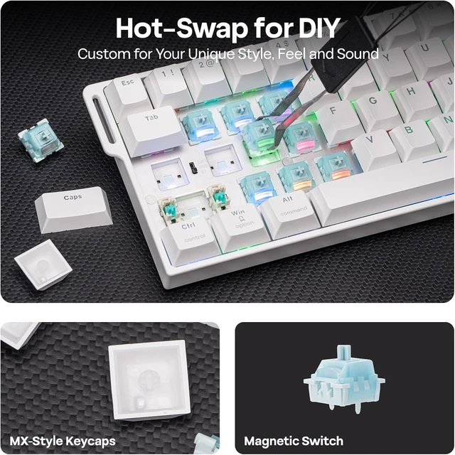 Alt view image 5 of 7 - EPOMAKER HE60 Hall Effect Keyboard with Shine Through RGB, 8000mAh (White) 0.005mm Rapid Triggering, Dual 8K Polling, 2.4G/BT/Wired, SOCD, Snap Key, PBT Keycaps, Mac/WIN Compatible, Thocky & Creamy