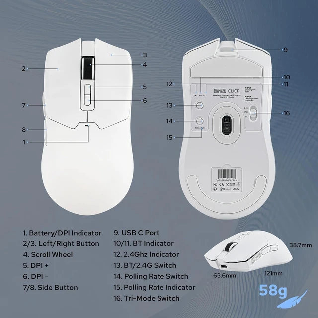 Alt view image 7 of 7 - EPOMAKER Click Gaming Mouse Wireless 2.4Ghz/BT/Type-C, 800 to 42,000 DPI Adjustable, 8K Polling Rate, 500mAh, Lightweight Optical Mouse, for PC/Mac/Linux (White)