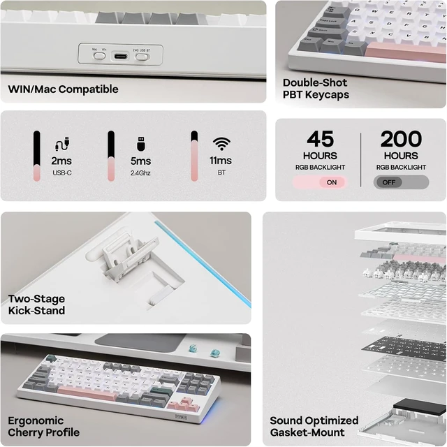 Alt view image 3 of 7 - EPOMAKER TH87 Wireless Mechanical Keyboard with 10000mAh Battery
BT/2.4GHz/Wired, Hot Swappable Custom, PBT Keycap, RGB Backlit, Gasket, TKL Gaming Keyboard for PC/Mac (Creamy Jade Switch)