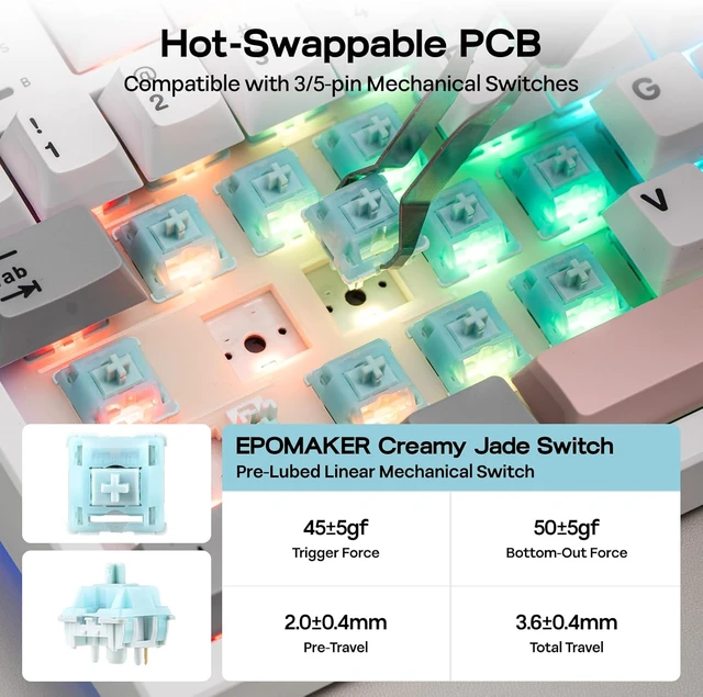 Alt view image 4 of 7 - EPOMAKER TH87 Wireless Mechanical Keyboard with 10000mAh Battery
BT/2.4GHz/Wired, Hot Swappable Custom, PBT Keycap, RGB Backlit, Gasket, TKL Gaming Keyboard for PC/Mac (Creamy Jade Switch)