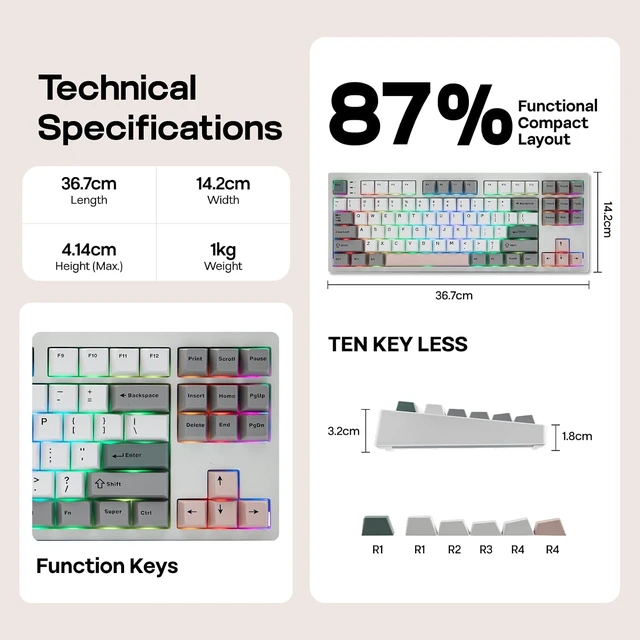 Alt view image 7 of 7 - EPOMAKER TH87 Wireless Mechanical Keyboard with 10000mAh Battery
BT/2.4GHz/Wired, Hot Swappable Custom, PBT Keycap, RGB Backlit, Gasket, TKL Gaming Keyboard for PC/Mac (Creamy Jade Switch)