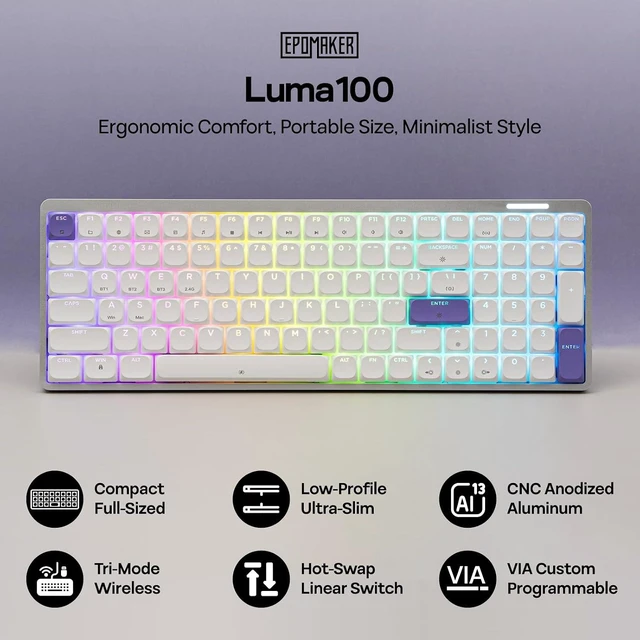 Alt view image 3 of 7 - EPOMAKER Luma100 Low Profile Aluminum Mechanical Keyboard, VIA Programmable
RGB Backlit, Hot-Swappable, Win/Mac/Linux Compatible, Wireless Portable Office Keyboard with Mac Modifier Keycaps