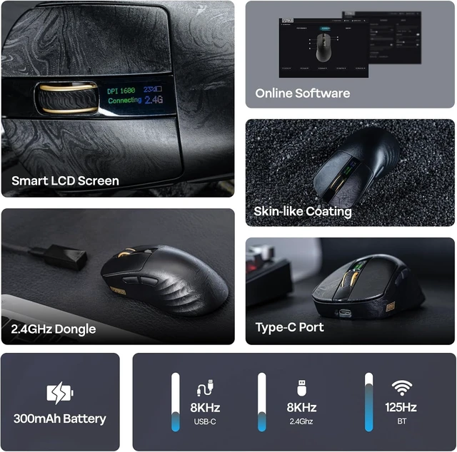 Alt view image 2 of 7 - EPOMAKER Carbonis Wireless Gaming Mouse with Digital Display, PAW3950 Sensor, 8K Polling, 30K DPI, Carbon Fiber Composite Shell, Ergonomic Right Hand Esports Mouse for PC Gaming (Black)