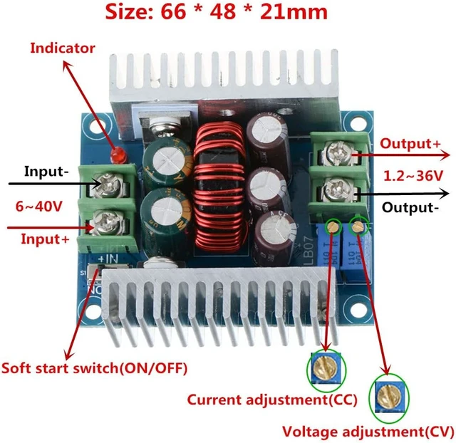 Alt view image 2 of 7 - 2PCS CC CV DC 6-40V to 1.2-36V Buck Converter,20A 300W
Constant Current, Adjustable Step Down Voltage Regulator, Power Supply Module, with Short Circuit Protection Function