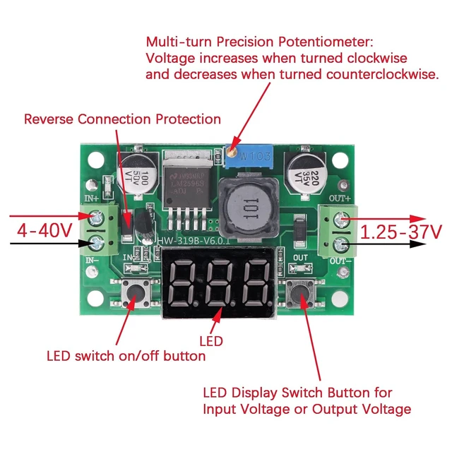 Alt view image 2 of 7 - 2PCS LM2596 Adjustable DC to DC Step Down Power Convert Module
4.0-40V Input, 1.25-37V Output, Buck Converter, with LED Voltmeter Digital Display