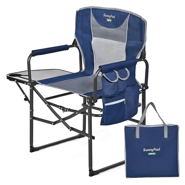 Alt view image 2 of 7 - Oversized Camping Chair Portable Directors Chairs with Side Table | Heavy Duty Folding Lawn Chair for Adults 300LBS with Compact Size, Breathable Mesh, Pocket & Carry Bag for Outdoor, Lawn, RV