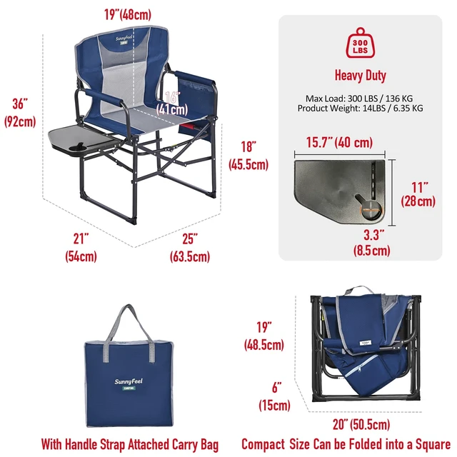 Alt view image 5 of 7 - Oversized Camping Chair Portable Directors Chairs with Side Table | Heavy Duty Folding Lawn Chair for Adults 300LBS with Compact Size, Breathable Mesh, Pocket & Carry Bag for Outdoor, Lawn, RV