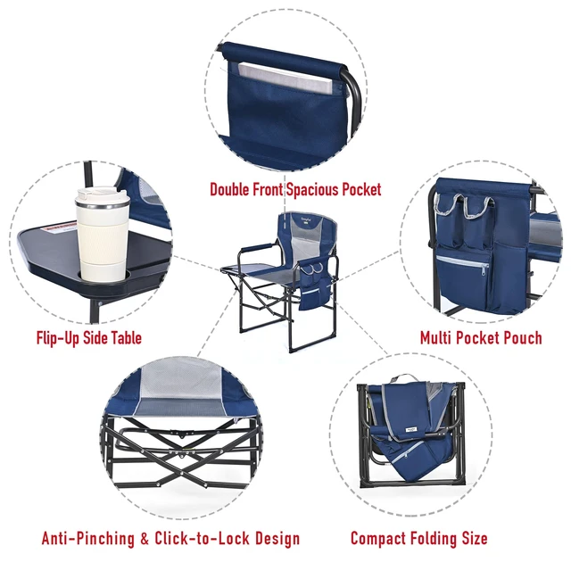 Alt view image 6 of 7 - Oversized Camping Chair Portable Directors Chairs with Side Table | Heavy Duty Folding Lawn Chair for Adults 300LBS with Compact Size, Breathable Mesh, Pocket & Carry Bag for Outdoor, Lawn, RV