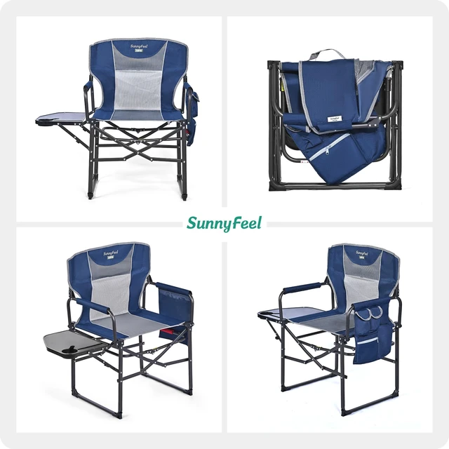 Alt view image 7 of 7 - Oversized Camping Chair Portable Directors Chairs with Side Table | Heavy Duty Folding Lawn Chair for Adults 300LBS with Compact Size, Breathable Mesh, Pocket & Carry Bag for Outdoor, Lawn, RV