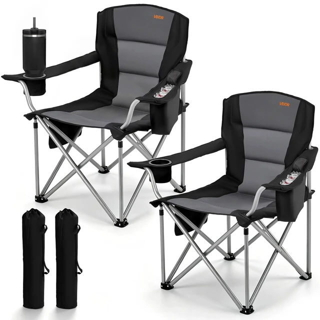 Main image of Oversized Camping Folding Chair, Portable Heavy Duty Outdoor Quad Lumbar Back Padded with Side Pockets, Cup Holder and Cooler Bag for Beach, Lawn, Picnic, Fishing, Backpacking, 2 Pack