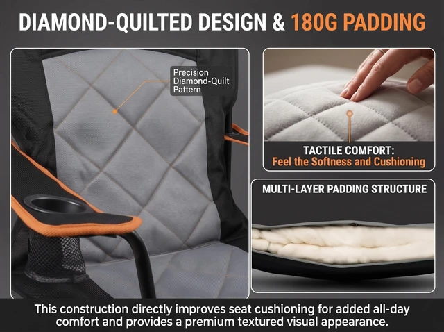 Alt view image 3 of 7 - 2-Pack Padded Oversized Camping Chairs with Lumbar Support | Diamond-Quilted, Heavy Duty Tailgate Chair, Adjustable Armrests, Convenient Storage, Up to 350 LBS for Outdoor,Game Day