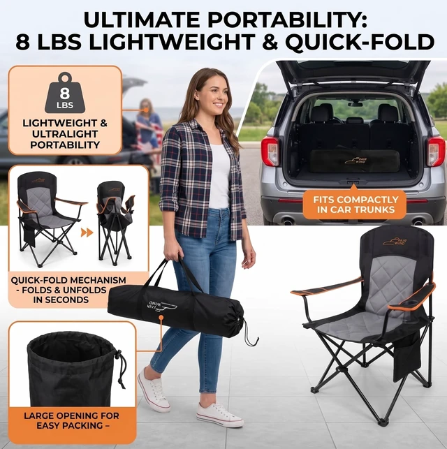 Alt view image 7 of 7 - 2-Pack Padded Oversized Camping Chairs with Lumbar Support | Diamond-Quilted, Heavy Duty Tailgate Chair, Adjustable Armrests, Convenient Storage, Up to 350 LBS for Outdoor,Game Day