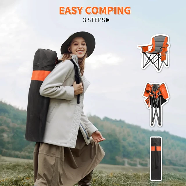 Alt view image 4 of 7 - 2 Pack Padded Oversized Camping Chairs for Adults,Heavy Duty Support 400 Lbs,Folding Portable Lawn Chair w/Cup Holder,Cooler Bag,Side Pocket,Perfect for Outdoor Picnic,Hiking(Orange&Blue)
