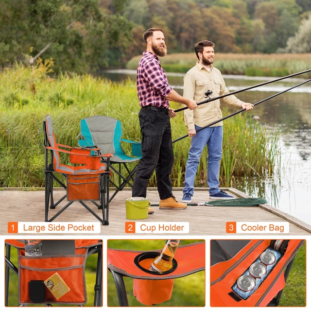 Alt view image 6 of 7 - 2 Pack Padded Oversized Camping Chairs for Adults,Heavy Duty Support 400 Lbs,Folding Portable Lawn Chair w/Cup Holder,Cooler Bag,Side Pocket,Perfect for Outdoor Picnic,Hiking(Orange&Blue)