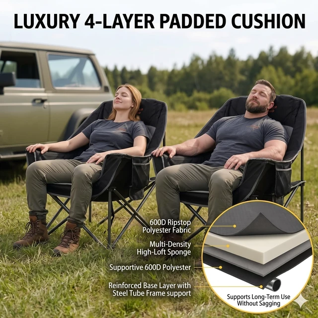 Alt view image 2 of 7 - 2 Pack XL Oversized Padded Camping Chair Heavy Duty for Adults | Extra-Wide Seat, 4-Layer Filling Fabric,Convenient Storage,Large Bag,Up to 500 LBS,Portable for Outdoor,Campfire,Road Trip