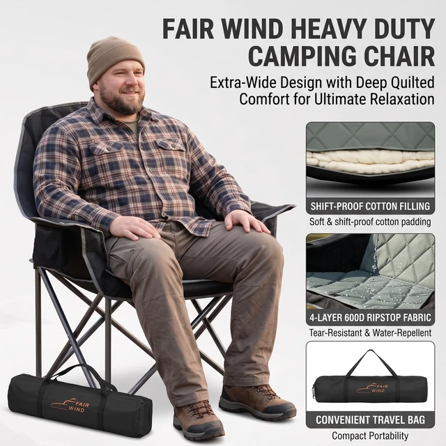 Alt view image 4 of 7 - 2 Pack XL Oversized Padded Camping Chair Heavy Duty for Adults | Extra-Wide Seat, 4-Layer Filling Fabric,Convenient Storage,Large Bag,Up to 500 LBS,Portable for Outdoor,Campfire,Road Trip