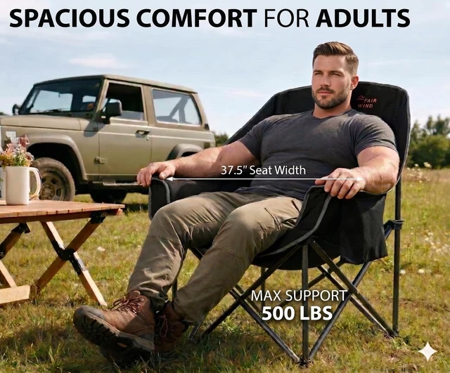 Alt view image 5 of 7 - 2 Pack XL Oversized Padded Camping Chair Heavy Duty for Adults | Extra-Wide Seat, 4-Layer Filling Fabric,Convenient Storage,Large Bag,Up to 500 LBS,Portable for Outdoor,Campfire,Road Trip