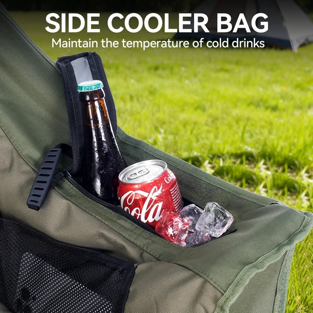 Alt view image 7 of 7 - Oversized Camping Chair,Padded Camping Chairs Support 450LBS, Green | Heavy-Duty Foldable Camping Chairs with Cup Holder and Cooler Bag Portable Lawn Chair for Sports