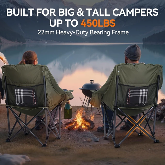Alt view image 4 of 7 - Oversized Camping Chair,Padded Camping Chairs Support 450LBS, Green | Heavy-Duty Foldable Camping Chairs with Cup Holder and Cooler Bag Portable Lawn Chair for Sports