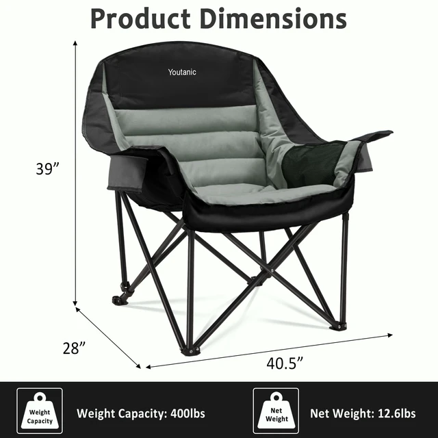 Alt view image 3 of 7 - Oversized Camping Chair, Portable Folding Camping Chairs | with Side Pocket, Cup Holder and Carry Bag, Heavy Duty Outdoor Camping Chairs for Adults, Fishing, Sports, Trip, up to 400lbs