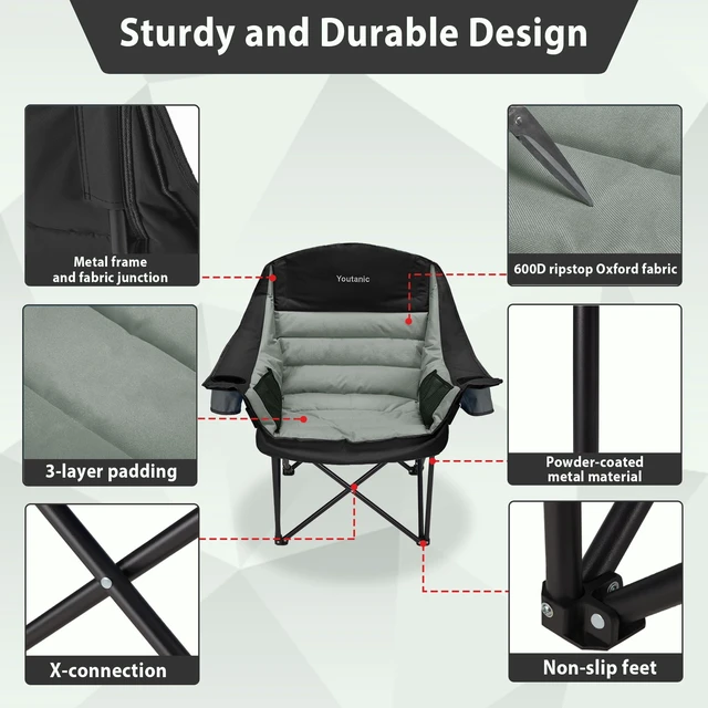 Alt view image 4 of 7 - Oversized Camping Chair, Portable Folding Camping Chairs | with Side Pocket, Cup Holder and Carry Bag, Heavy Duty Outdoor Camping Chairs for Adults, Fishing, Sports, Trip, up to 400lbs