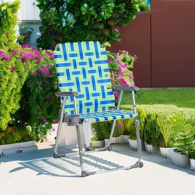 Alt view image 4 of 7 - Aluminum Patio Lawn Chairs Folding Set of 2 with Detachable Cup Holder, Webbed Beach Chair Folding Chair Outdoor Portable Camping Chair for Yard, Garden Blue alulawnchair