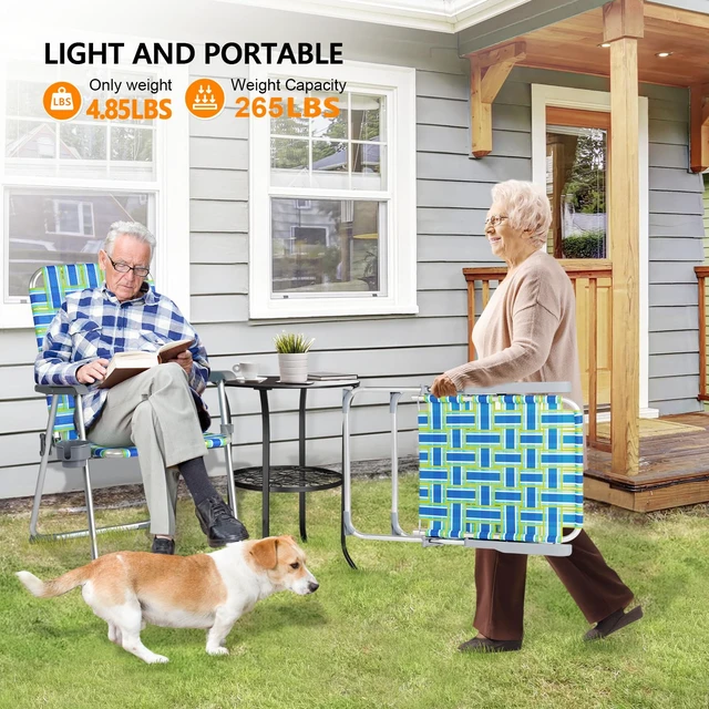 Alt view image 2 of 7 - Aluminum Patio Lawn Chairs Folding Set of 2 with Detachable Cup Holder, Webbed Beach Chair Folding Chair Outdoor Portable Camping Chair for Yard, Garden Blue alulawnchair