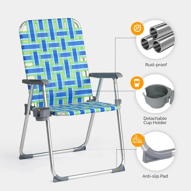 Alt view image 3 of 7 - Aluminum Patio Lawn Chairs Folding Set of 2 with Detachable Cup Holder, Webbed Beach Chair Folding Chair Outdoor Portable Camping Chair for Yard, Garden Blue alulawnchair