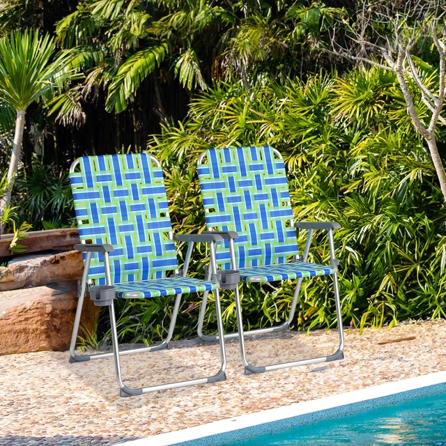 Alt view image 7 of 7 - Aluminum Patio Lawn Chairs Folding Set of 2 with Detachable Cup Holder, Webbed Beach Chair Folding Chair Outdoor Portable Camping Chair for Yard, Garden Blue alulawnchair