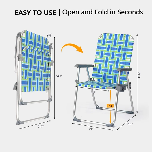 Alt view image 6 of 7 - Aluminum Patio Lawn Chairs Folding Set of 2 with Detachable Cup Holder, Webbed Beach Chair Folding Chair Outdoor Portable Camping Chair for Yard, Garden Blue alulawnchair