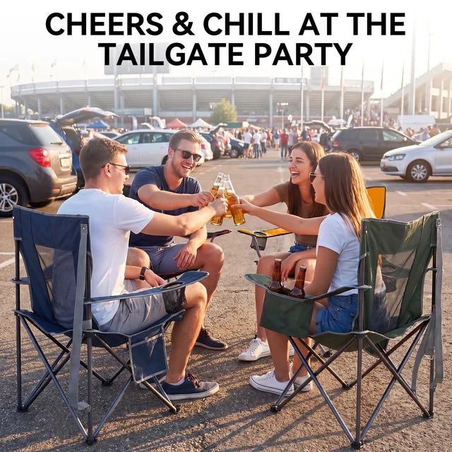 Alt view image 2 of 7 - 2 Pack Oversized Camping Chairs, Folding Outdoor Chair Support 400 Lb, Blue | Lightweight Lawn Chairs with Cup Holders, Side Pocket & Cooler Bag, Portable Camp Chair for Outside, Tailgating, Sports