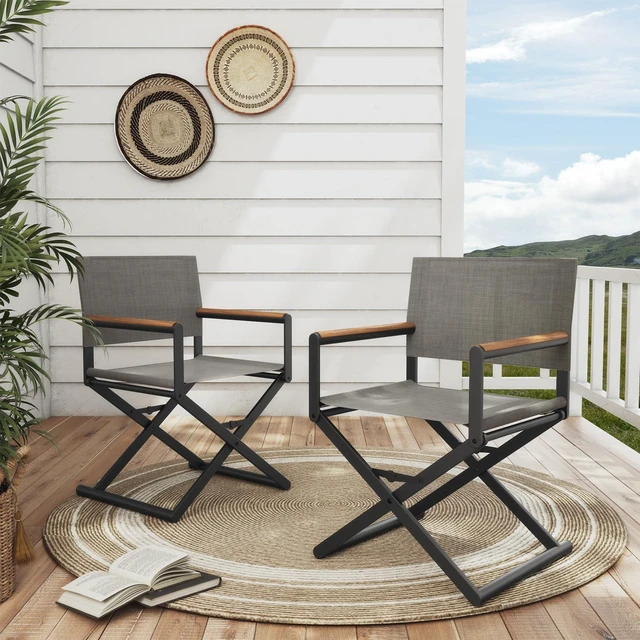 Alt view image 2 of 7 - Extra-Wide Folding Directors Chairs Set of 2, Outdoor Dining | 2-pack outdoor folding dining chairs with sling seats and woodgrain armrests, extra-wide directors chairs for patio, gray.