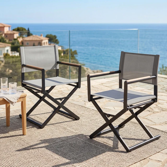 Main image of Extra-Wide Folding Directors Chairs Set of 2, Outdoor Dining | 2-pack outdoor folding dining chairs with sling seats and woodgrain armrests, extra-wide directors chairs for patio, gray.