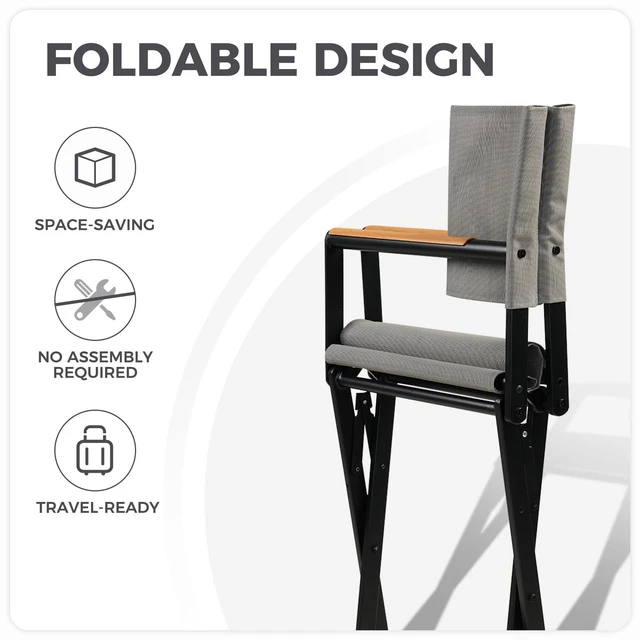 Alt view image 4 of 7 - Extra-Wide Folding Directors Chairs Set of 2, Outdoor Dining | 2-pack outdoor folding dining chairs with sling seats and woodgrain armrests, extra-wide directors chairs for patio, gray.