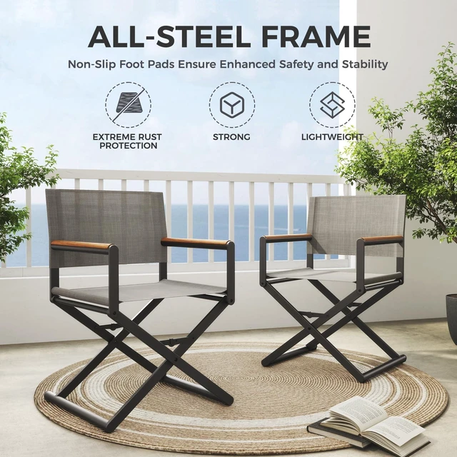 Alt view image 3 of 7 - Extra-Wide Folding Directors Chairs Set of 2, Outdoor Dining | 2-pack outdoor folding dining chairs with sling seats and woodgrain armrests, extra-wide directors chairs for patio, gray.