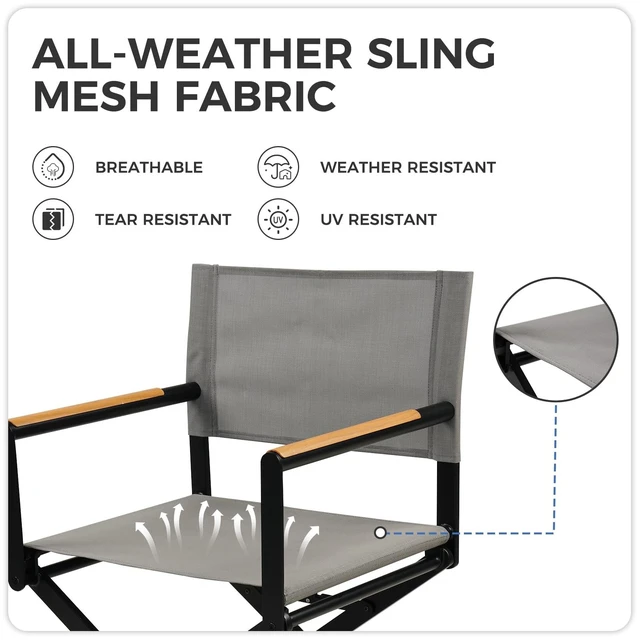 Alt view image 6 of 7 - Extra-Wide Folding Directors Chairs Set of 2, Outdoor Dining | 2-pack outdoor folding dining chairs with sling seats and woodgrain armrests, extra-wide directors chairs for patio, gray.