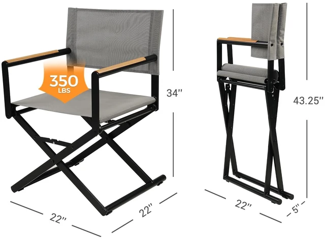 Alt view image 7 of 7 - Extra-Wide Folding Directors Chairs Set of 2, Outdoor Dining | 2-pack outdoor folding dining chairs with sling seats and woodgrain armrests, extra-wide directors chairs for patio, gray.