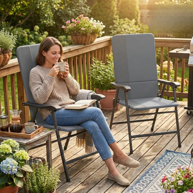 Alt view image 2 of 7 - Folding Patio Chairs Set of 2 Padded High Back Armrests Light Gray | Folding, 600D Oxford Fabric, Portable, Outdoor Camping Chair Set, Lawn, Deck, Garden, Backyard