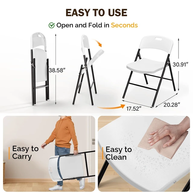 Alt view image 4 of 6 - Folding Chairs, Plastic Foldable Chair, Capacity up to 350 lbs, Portable Seating for Indoor Outdoor Events Parties Camping Work School Commercail (4, White)