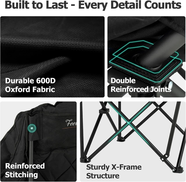 Alt view image 7 of 7 - Oversized XL Camping Chair for Adults 500 lb Support | Padded Seating and A Cooler Bag for Camping Sports Garden Beach Fishing Lawn Outdoor Relaxation with Side Pocket&Cup Holder